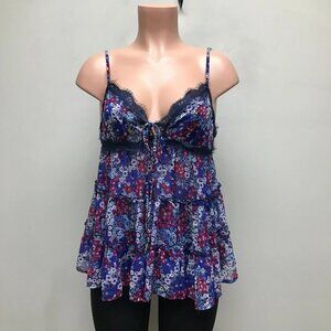 Free People Womens Blue Floral Merries Garden Tiered Ruffle Sheer Fringe Tank